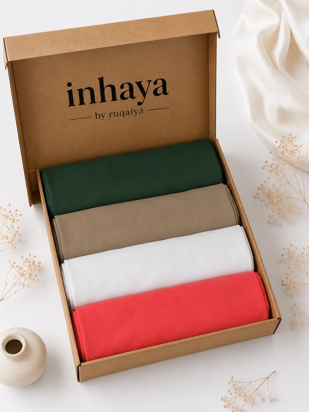 4 Georgette Hijab Deal – Forest Green, Mocha Brown, Milky White & Coral Red