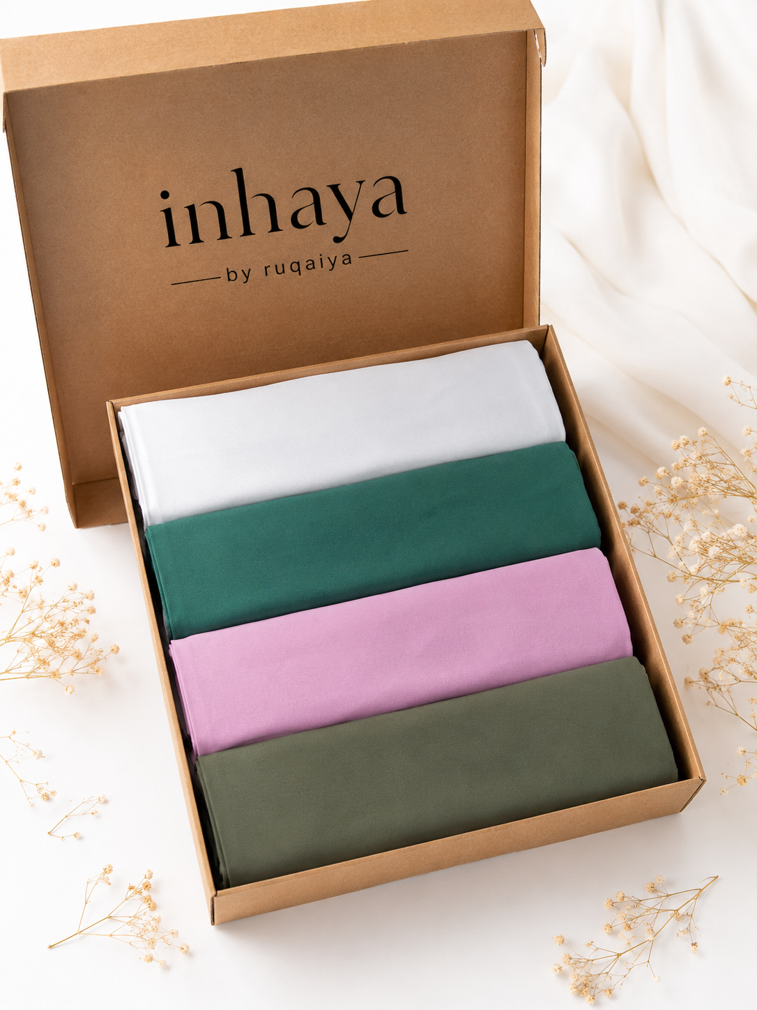 4 Georgette Hijab Deal – White, Forest Green, Lilac Pink & Grey