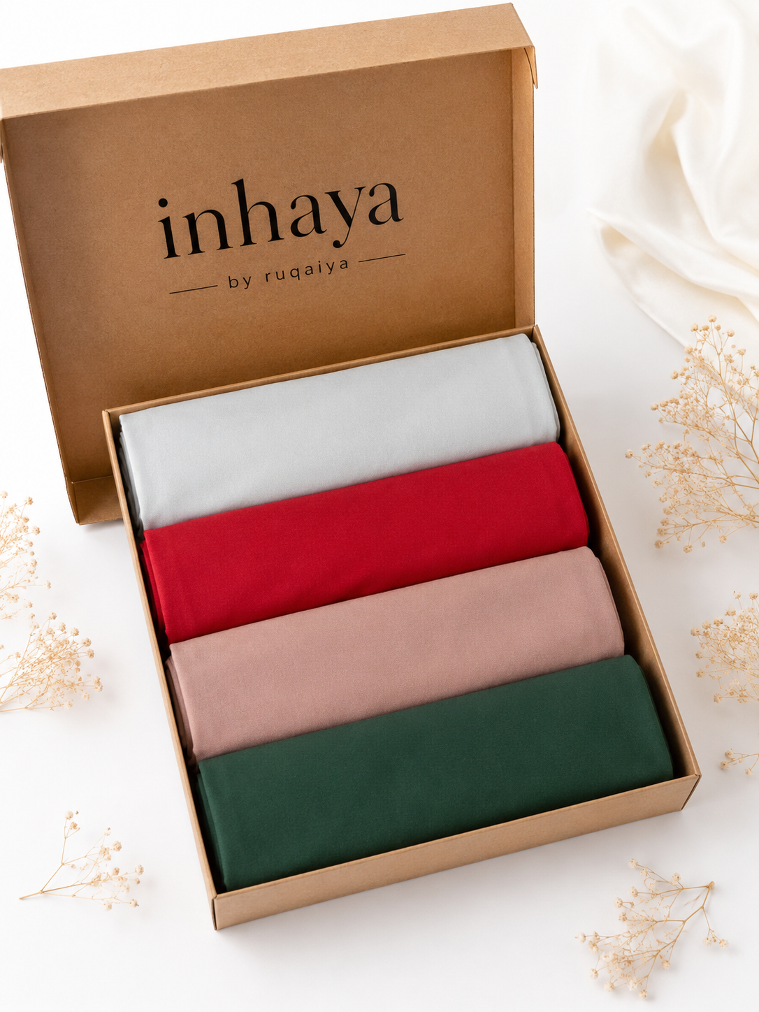 4 Georgette Hijab Deal – White, Cherry Red, Blush Pink & Forest Green