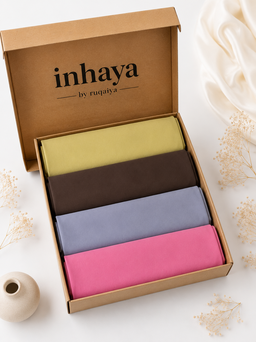 4 Georgette Hijab Deal – Light Mustard, Brown, Lavender & Pink