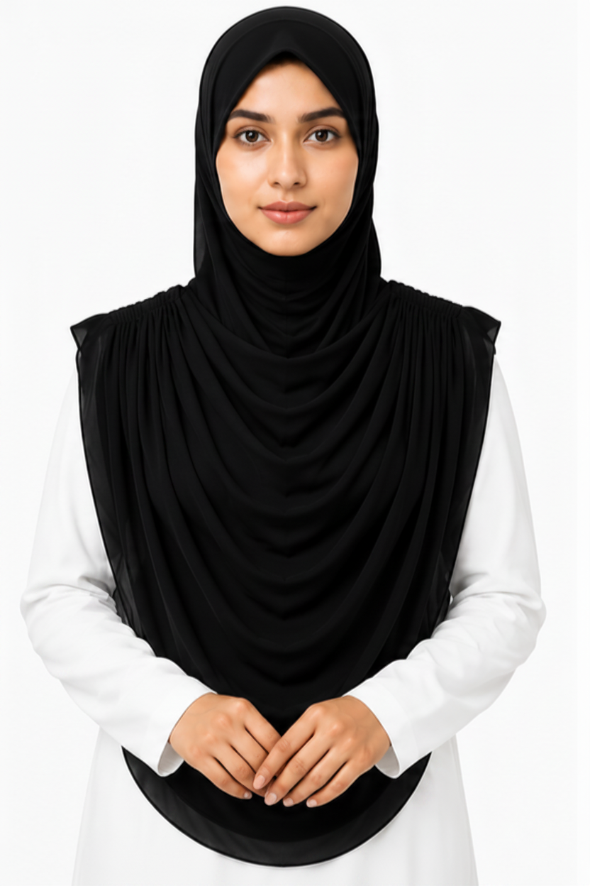 Extra Coverage Pleated Hijab Set – Black