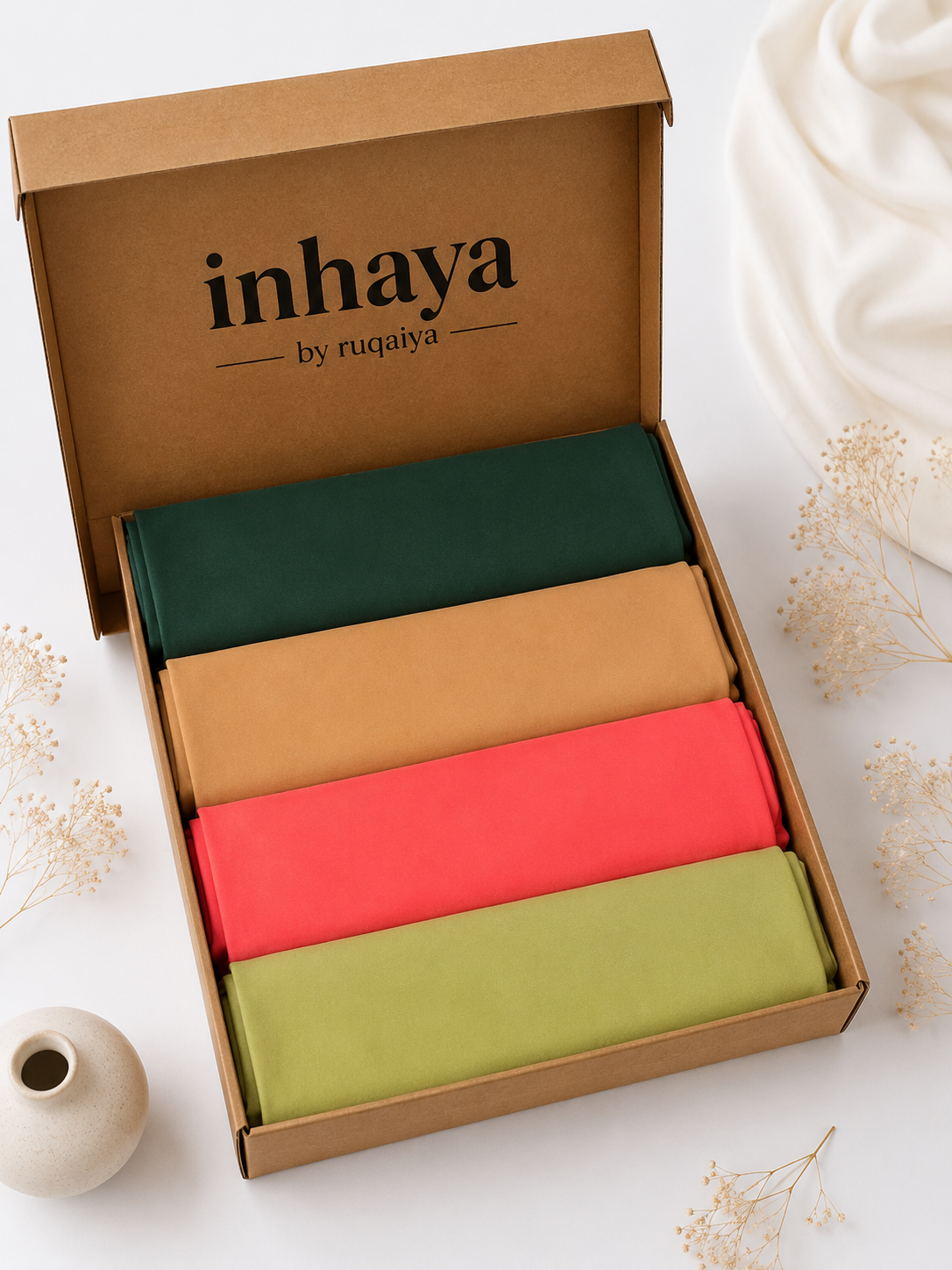 4 Georgette Hijab Deal – Bottle Green, Peach, Coral Pink & Light Green