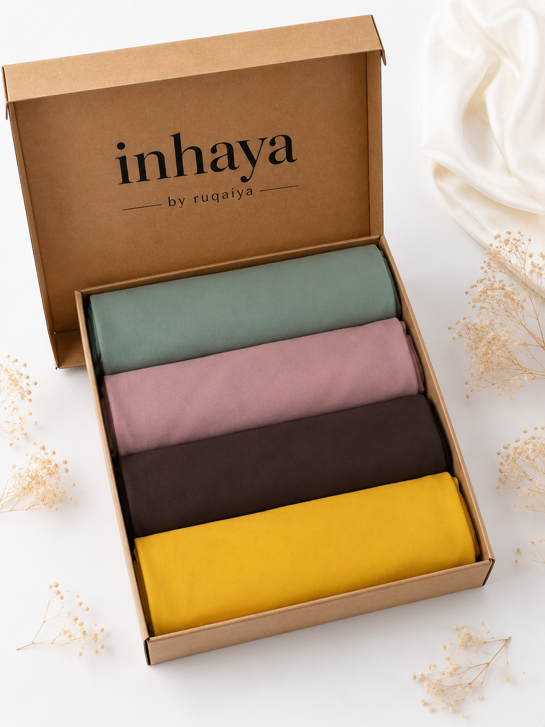 4 Georgette Hijab Deal – Bottle Green, Dusty Rose, Dark Brown & Golden Mustard
