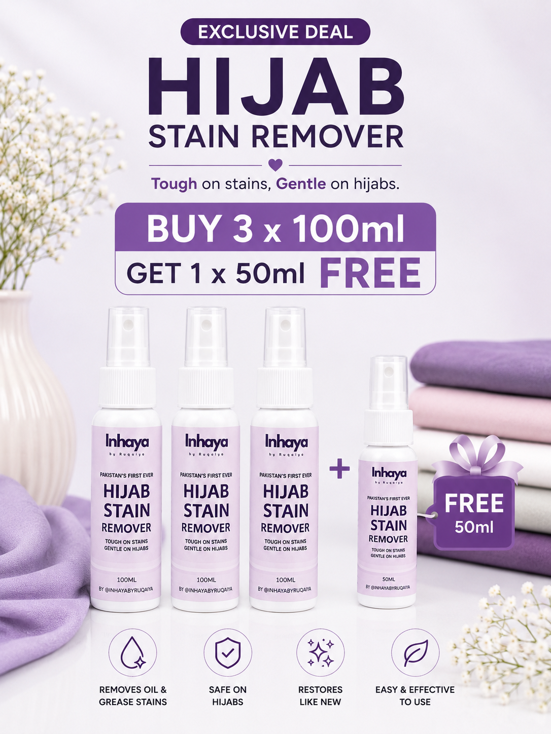 Hijab Stain Remover – Buy 3 x 100ml, Get 1 x 50ml FREE!