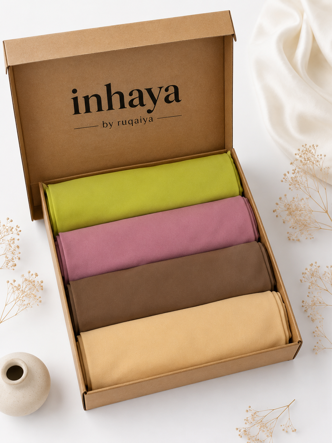 4 Georgette Hijab Deal – Chartreuse Green, Dusty Pink, Mocha Brown & Peach