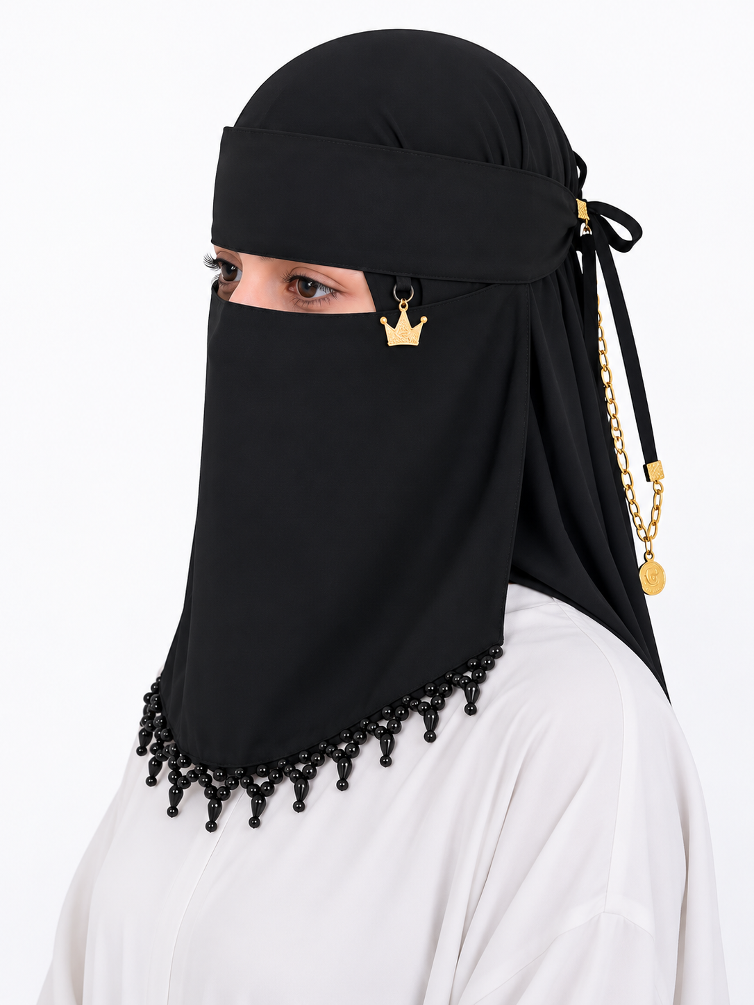 Crown Beaded Saudi Niqab - Black