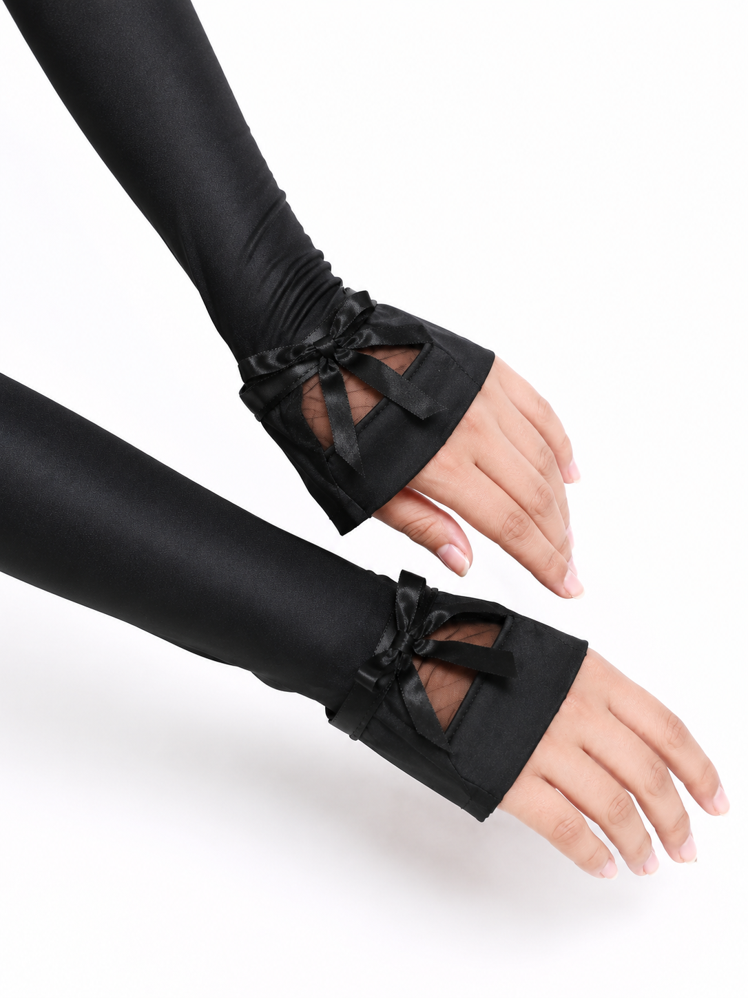 Ribbon Bow Arm Sleeves – Elegant Black Satin Hand Cover