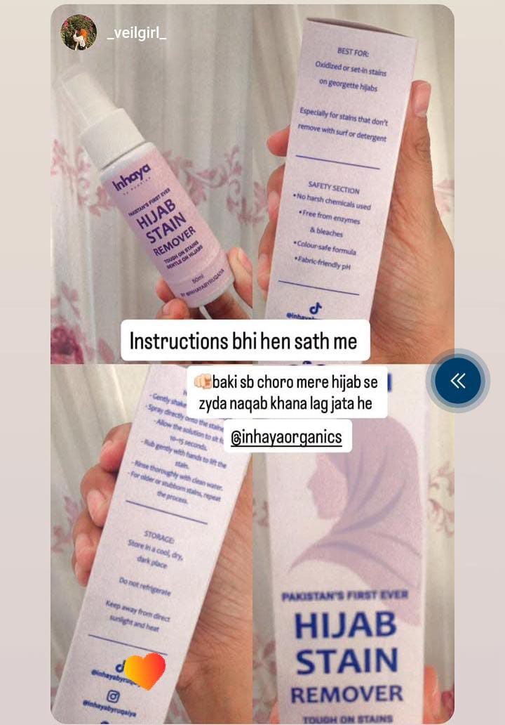 Customer holding Inhaya Hijab Stain Remover