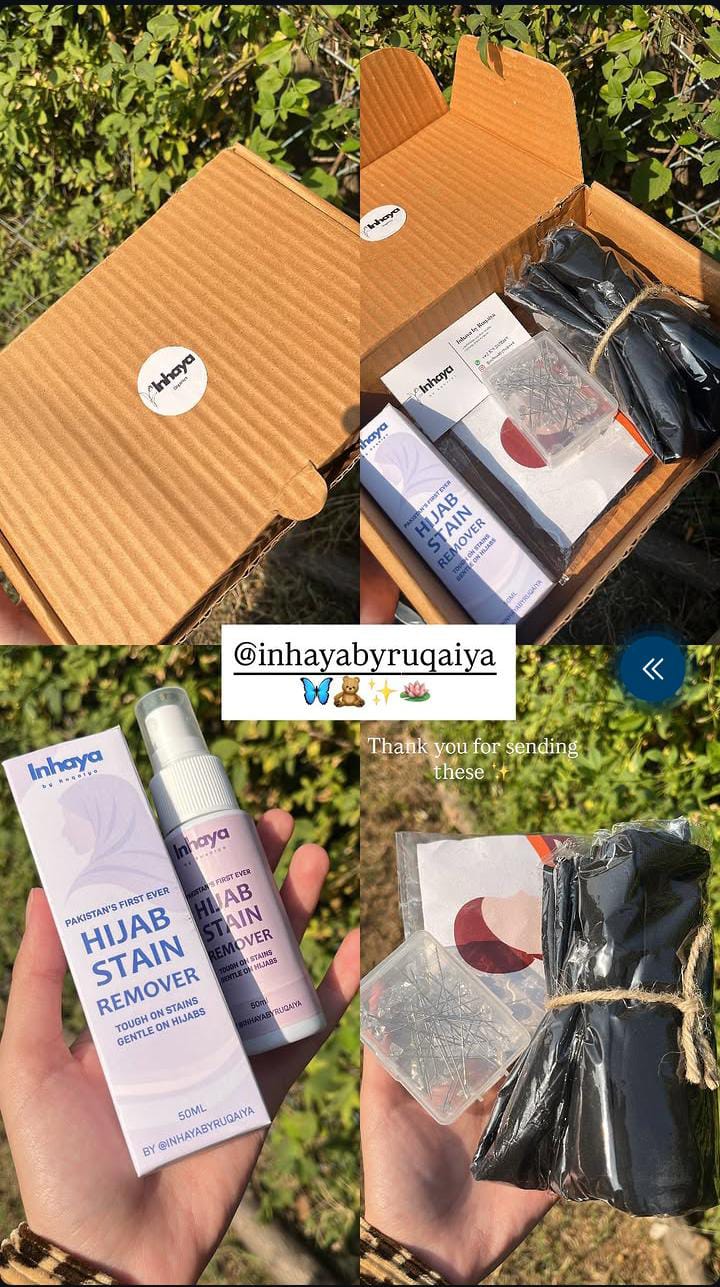 Customer holding Inhaya Hijab Stain Remover